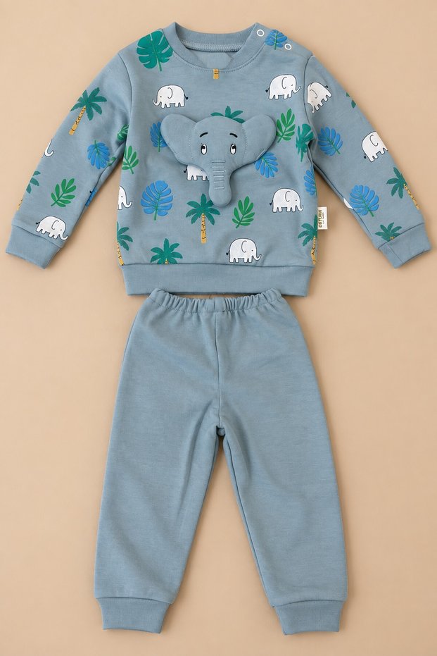 Baby Boy Set with Elephant Appliqué and Forest Pattern, 2-Piece Top and Bottom Set, Seasonal