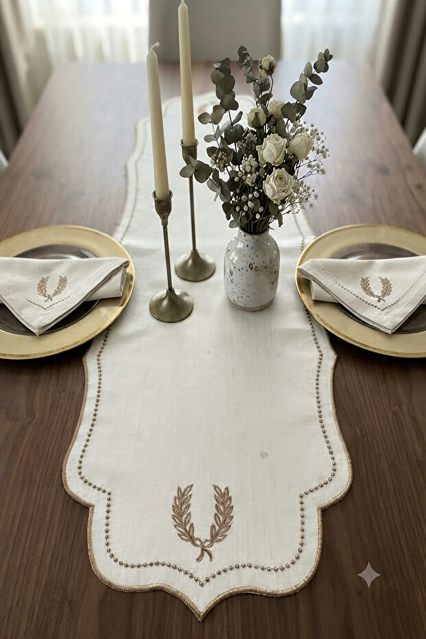 Stain-Resistant Linen Runner Double Wrap Embroidered 33X100 cm