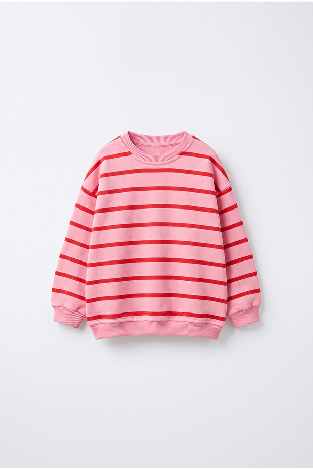 Girl's Pink Oversized Striped Sweatshirt
