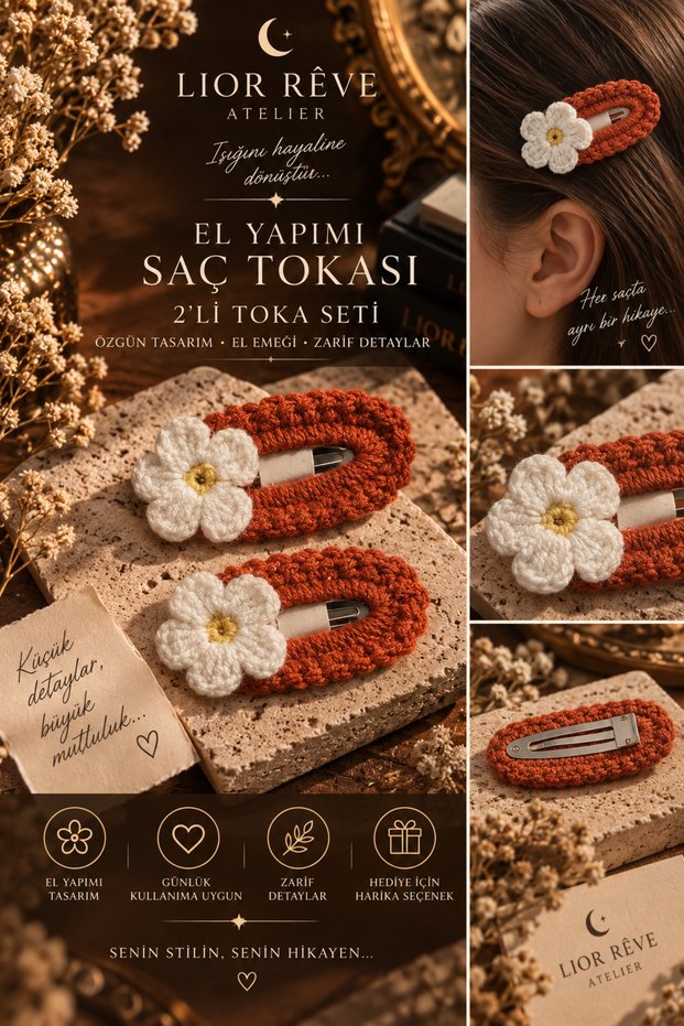 Lior Rêve Atelier Handmade Knitted Hair Clip Set – Set of 2 Orange Flower Detailed Hair Clips