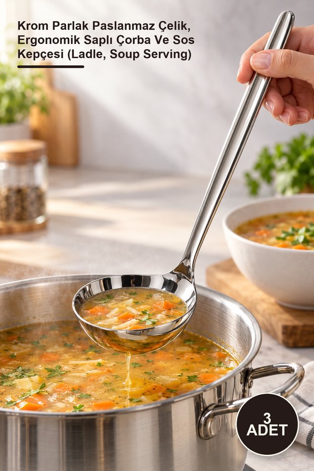3 Pieces Metal Serving Ladle – Chrome Polished Stainless Steel, Soup and Sauce Ladle with Ergonomic Handle (Ladle, Soup Serving)