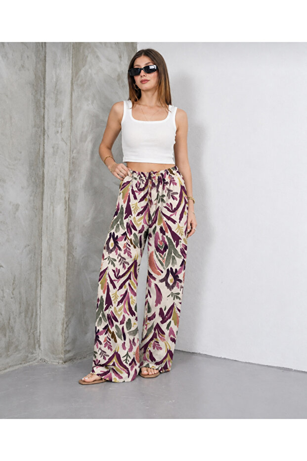 Women's Burgundy Patterned, Lacing Detailed, Elastic Waist, Comfortable Cut Palazzo Viscose Trousers
