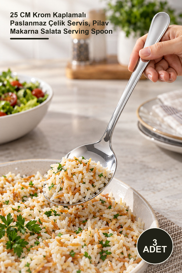 3 Pieces of Metal Serving Spoons – 25 cm Chrome-Plated Stainless Steel Serving Spoon, Pilav Pasta Salad Serving Spoon