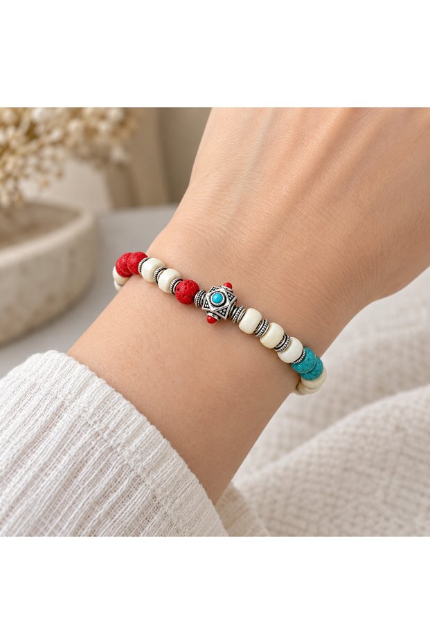 Red White Turquoise Bead Detailed Patterned Figured Stylish Women's Bracelet