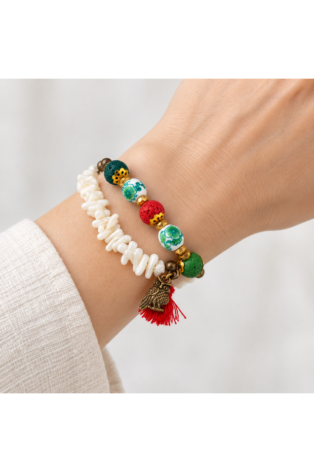 Owl Figured Red Tassel Beaded Bracelet Green White Stylish Women's Accessory