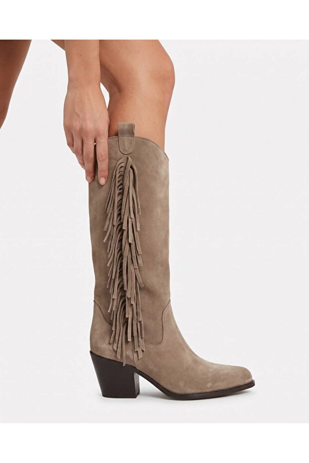Kod.101, Western Style, Thick Heel, Flat Sole, No Bag or Zipper, Side Tassel Boots, Genuine Leather