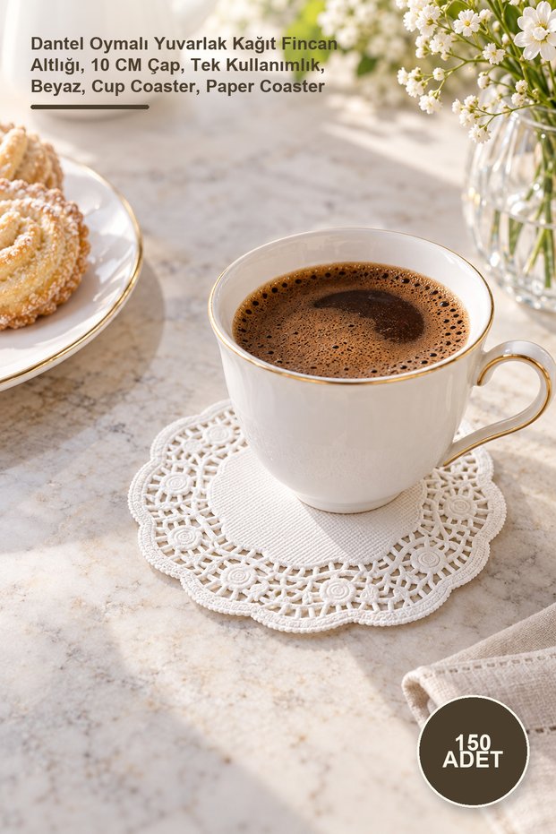 150 Pieces of Paper Coasters – Lace-Cut Round Paper Coasters, 10 cm Diameter, Disposable, White, Cup Coaster, Paper Coaster