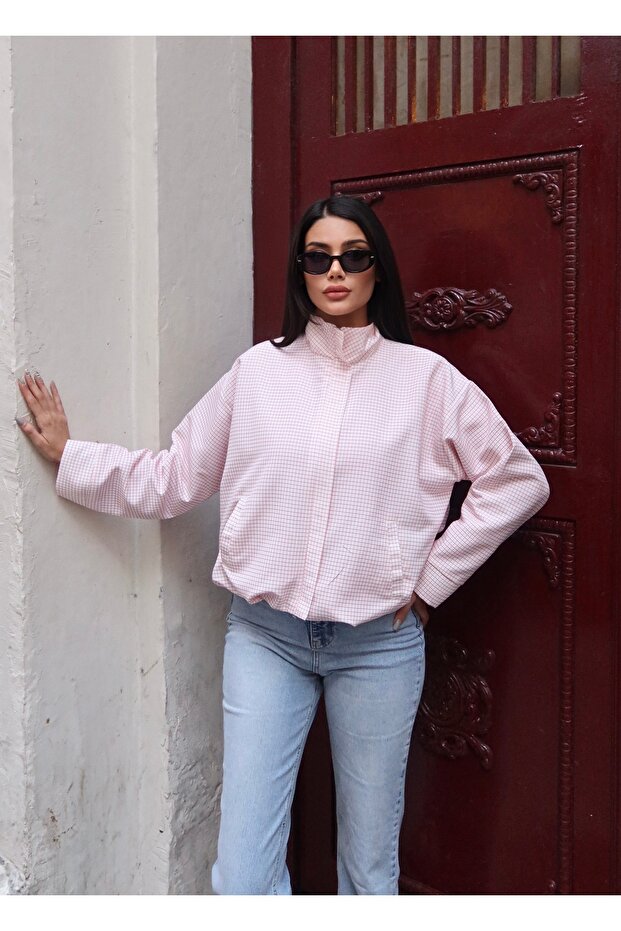 Women's Gingham Patterned Stand Collar Oversize Jacket