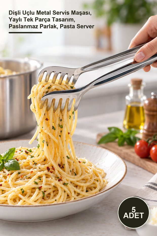 5 Pieces of Luxury Pasta Tongs – Metal Serving Tongs with Serrated Tips, Spring-Loaded One-Piece Design, Stainless Shiny, Pastry Server