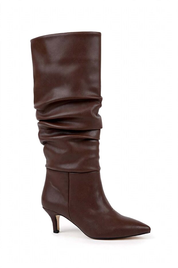 Women's Brown Drawstring Below the Knee Boots Tan Pointed Toe Heeled Winter Vintage Boots