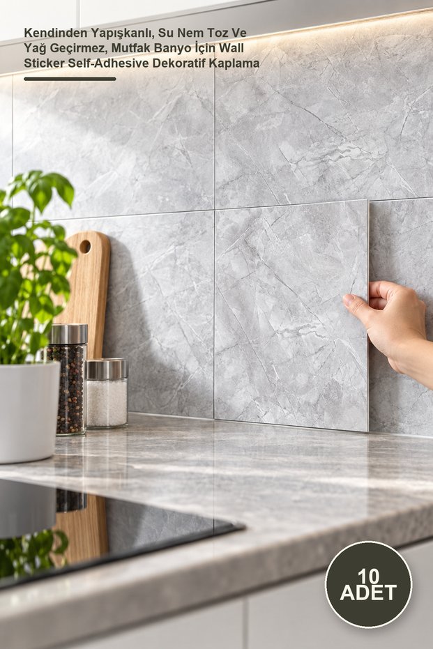 10 Pieces Gray Marble Pattern Wall Sticker – Self-Adhesive, Water, Moisture, Dust, and Oil Resistant, Wall Sticker Self-Adhesive Decorative Covering for Kitchen Bathroom