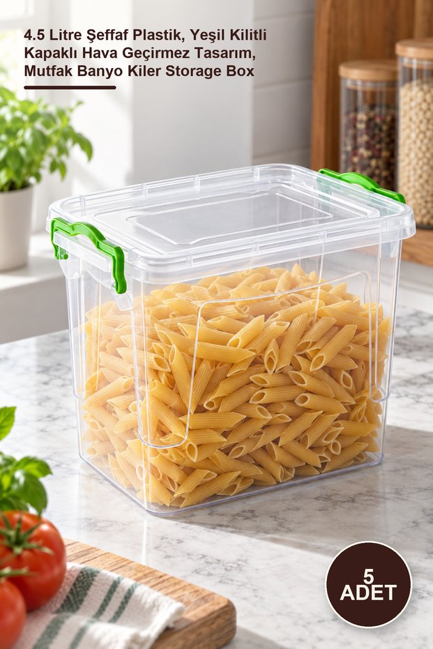 5 Pieces Deep Storage Box – 4.5 Liter Transparent Plastic, Green Locking Lid with Airtight Design, Kitchen Bathroom Pantry Storage Box