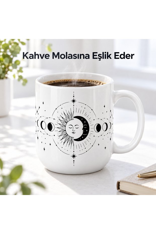 Sun, Moon and Star Patterned Porcelain Mug 300 ml Black and White Mystical Sky Themed Coffee and Tea Cup with Handle Gift