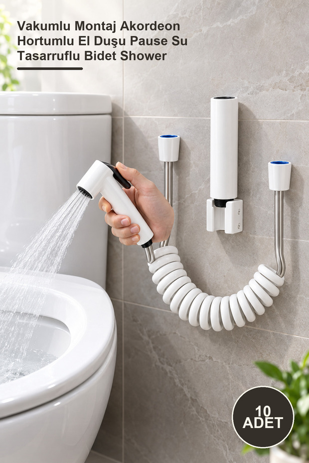 10-Piece White Taharetmatik Set – Hand Shower with Vacuum Mounting Accordion Hose Pause Water-Saving Bidet Shower