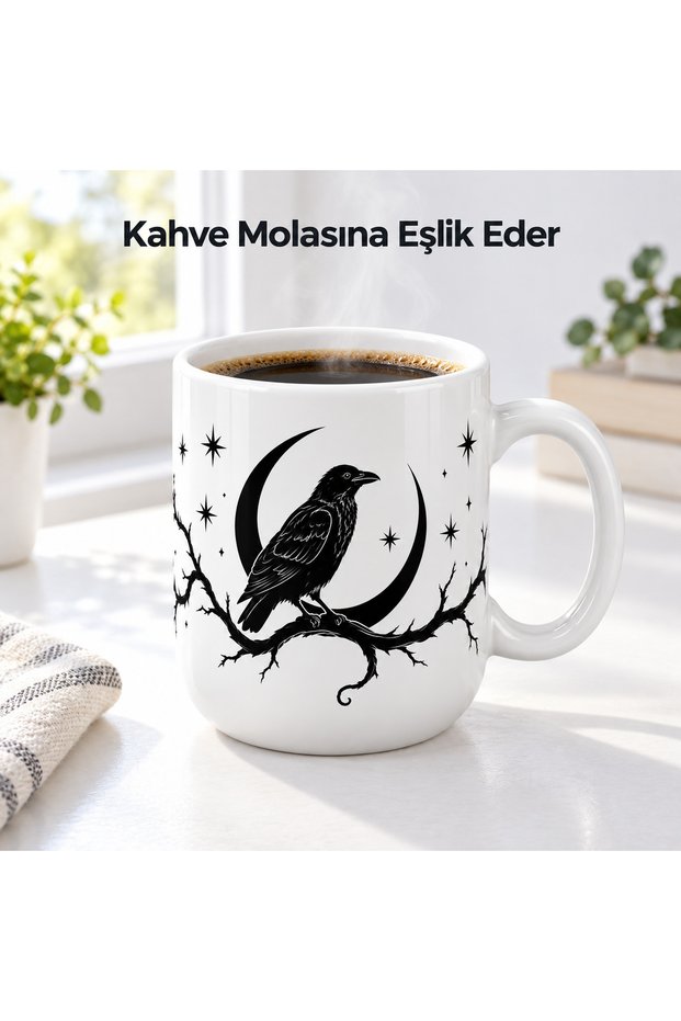 Raven and Crescent Patterned Porcelain Mug 300 ml Black and White Gothic Design Coffee and Tea Cup with Handle Gift