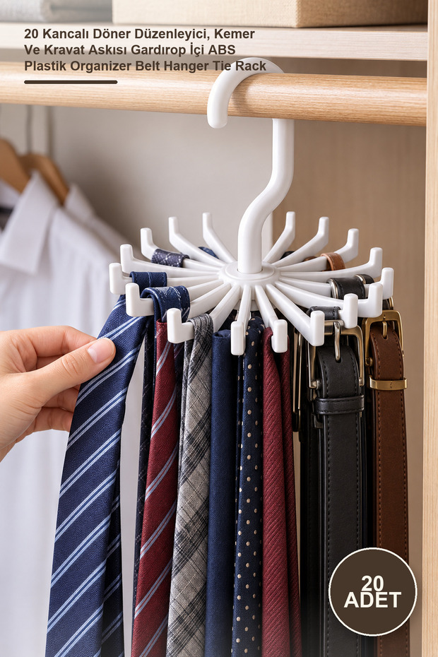 20 Pieces Belt Hanger – Rotating Organizer with 20 Hooks, Belt and Tie Hanger for Wardrobe Abs Plastic Organizer Belt Hanger Tie Rack
