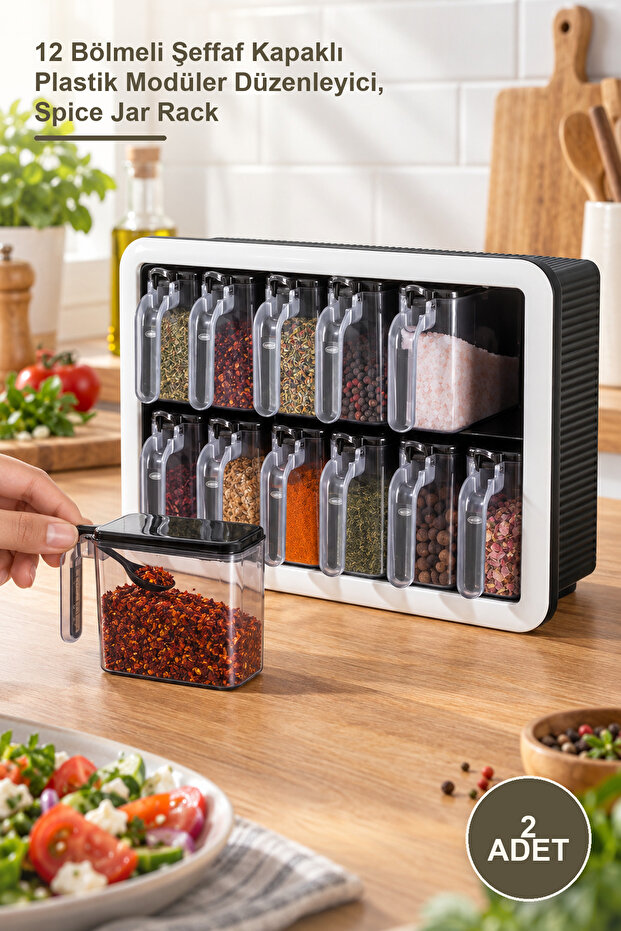 2-Piece Spice Rack Set with Stands and Spoons – 12-Compartment Plastic Modular Organizer with Transparent Lids, Spice Jar Rack