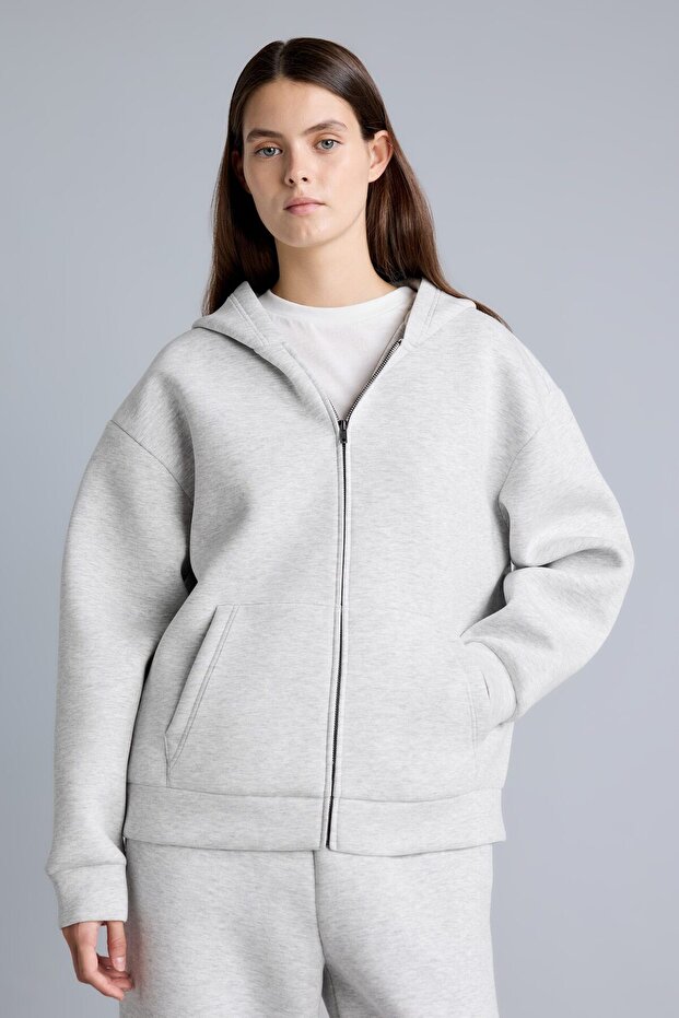 Relaxed Fit Hooded Zippered Pocket Scuba Diving Fabric Basic Cardigan H5571Ax26Au