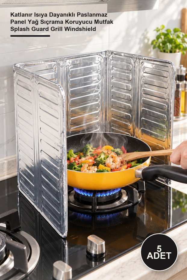 5 Pieces Stove Oil Protector Aluminum Screen - Foldable Heat Resistant Stainless Panel Oil Splash Guard Kitchen Splash Guard Grill Windshield