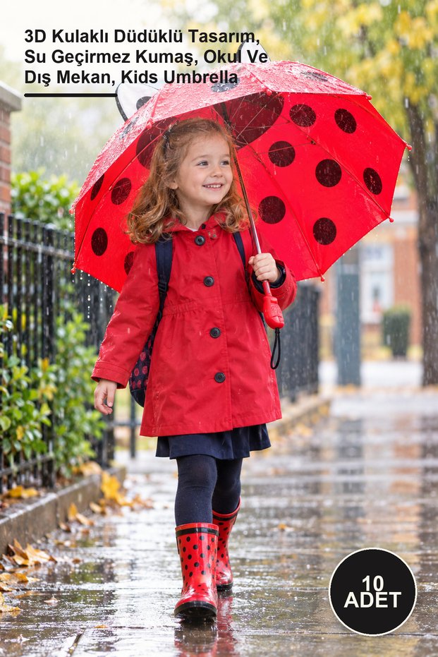 10 Pieces of Ladybug Children's Umbrellas – 3D Ear Design, Waterproof Fabric, School and Outdoor Use, Kids Umbrella