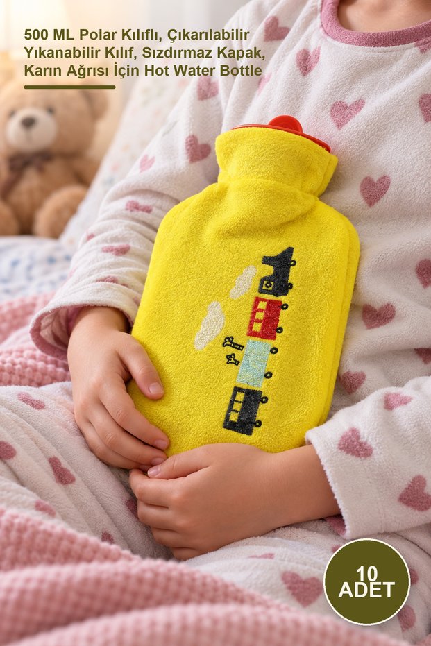 10 Pieces of Children's Hot Water Bags – 500 ml with Fleece Cover, Removable Washable Cover, Leak-Proof Cover, Hot Water Bottle for Abdominal Pain