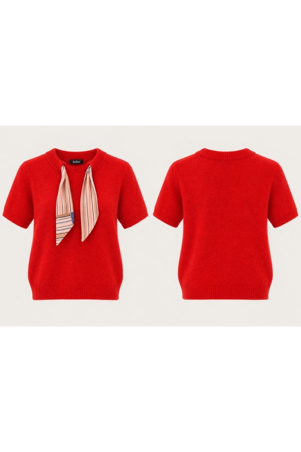 Women's Red Short-Sleeved Knit Sweater with Scarf on the Front