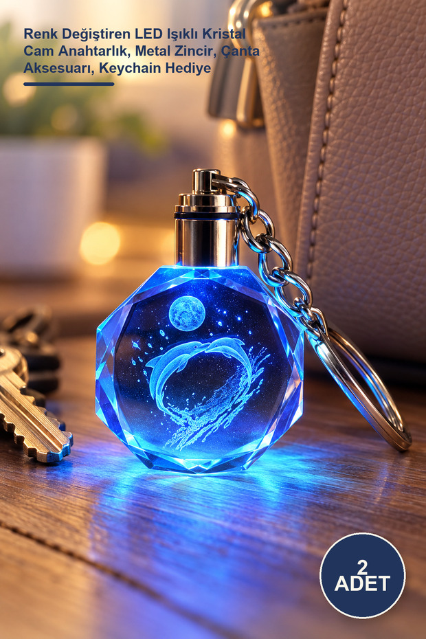 2 Pieces Crystal Light-Up Keychain – Color-Changing Led Light-Up Crystal Glass Keychain, Metal Chain, Bag Accessory, Keychain Gift