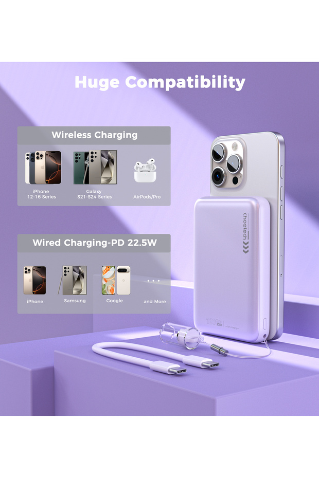 Ultra-Thin Magnetic Wireless Power Bank 10000mAh, MagSafe-Compatible Charger for iPhone, Purple B862