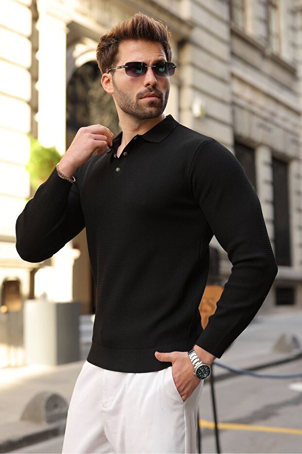 Black Snap Closure Polo Collar Men's Knit Sweater E7514