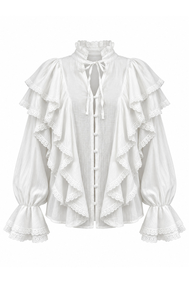 Odette Flounce Lace Detailed Tie-Up Shirt Women White