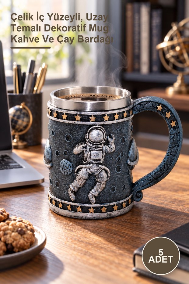 5 Pieces of 3D Astronaut Embossed Mugs – Space-Themed Decorative Mugs with Steel Inner Surface for Coffee and Tea
