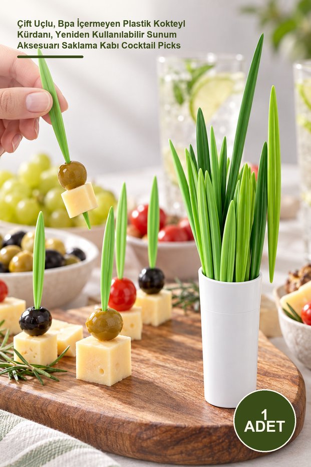 1Pc Leaf-Shaped Cocktail Sticks – Double-Ended, Bpa-Free Plastic Cocktail Toothpicks, Reusable Presentation Accessory Storage Container Cocktail Picks