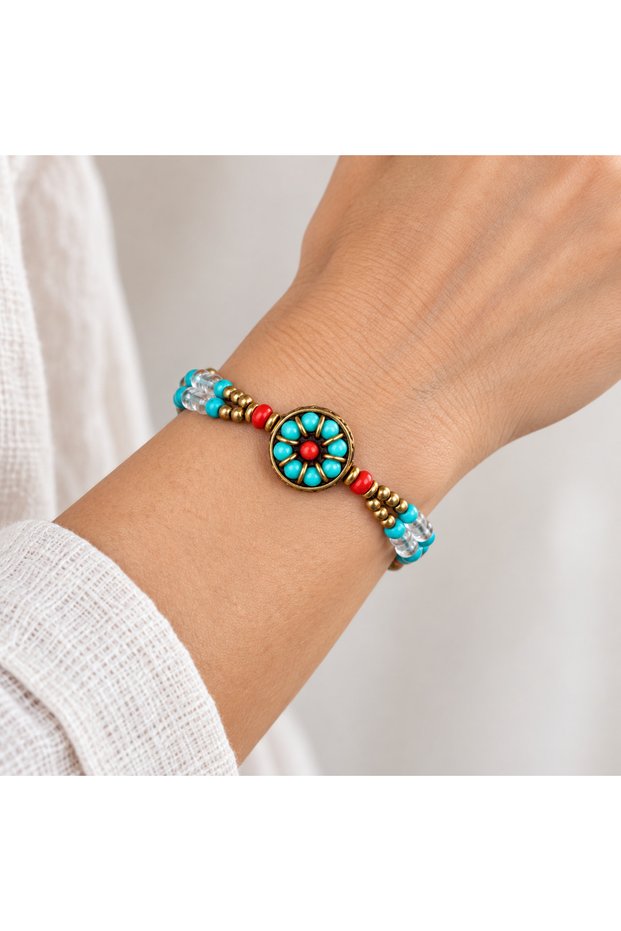 Turquoise Red Beaded Double Row Bracelet with Gold Detail and Floral Motif, Stylish Accessory