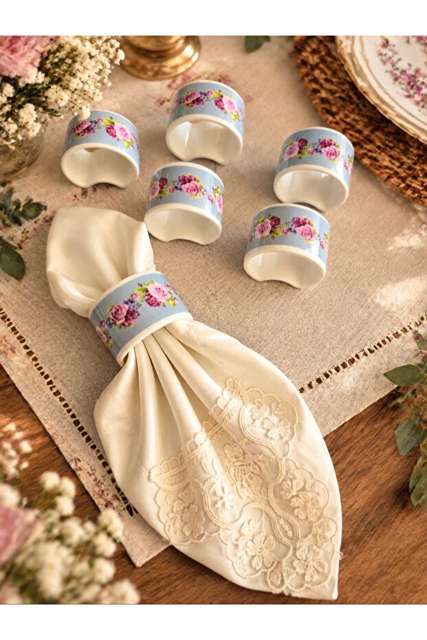 Set of 6 Floral Patterned Porcelain Napkin Rings - Napkin Ring 5cm