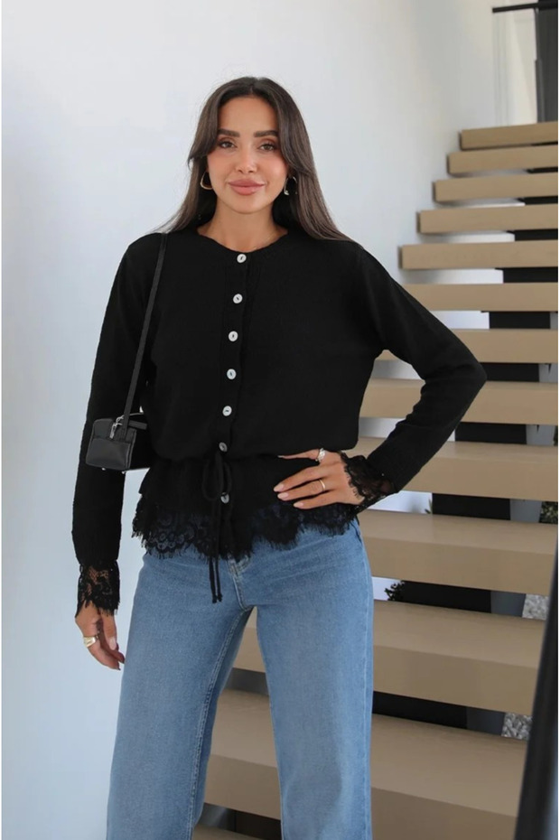 Black Lace Cardigan with Waist Rope Belt - 70027