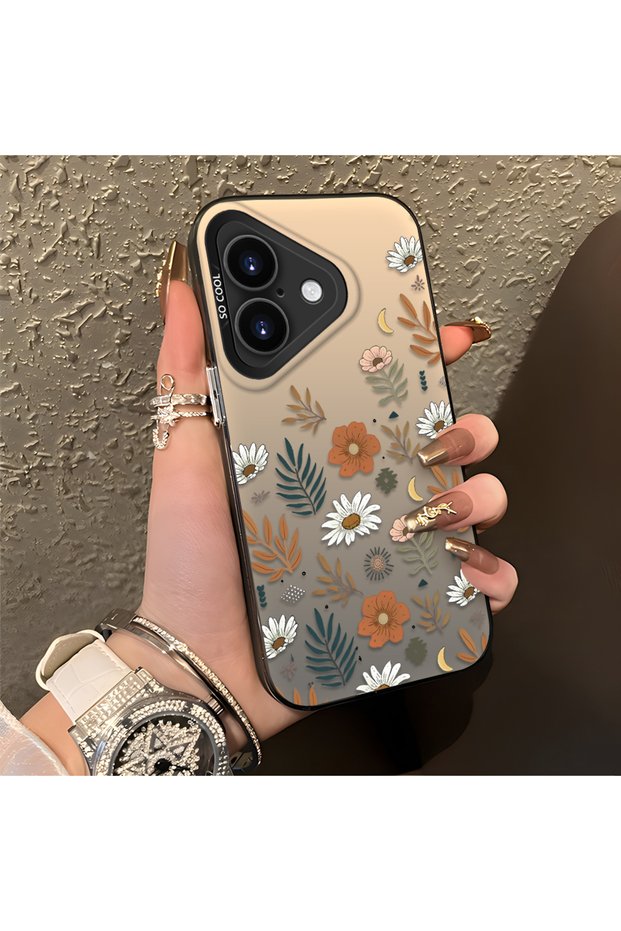 iPhone 16 Plus Compatible Retro Daisy Moon and Leaf Pattern, Hard Case, Full Protection