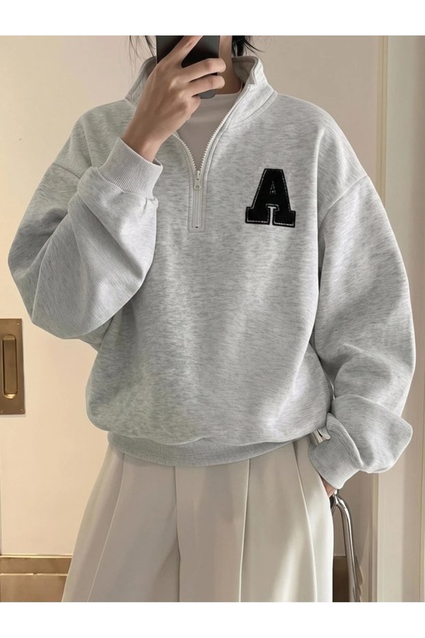 Unisex Gray a Printed Half-Zip Sweatshirt Printed Premium Oversize T-Shirt