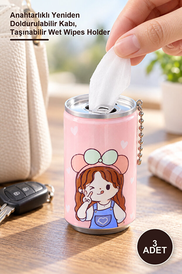 3 Pieces of Portable Canned Wet Wipes – Refillable Container with Keychain, Portable Wet Wipes Holder