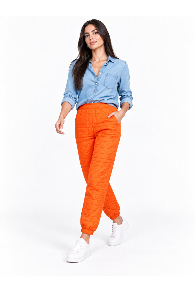Women's Carrot Orange Quilted Jogger Pants with Elastic Waist and Leg Pockets, Relaxed Fit