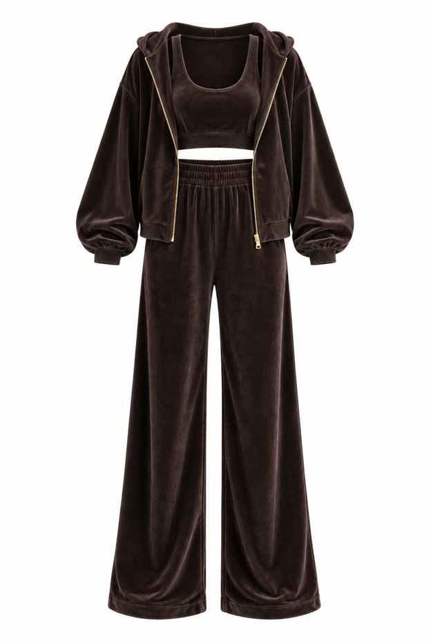 Brown 100% Cotton Hooded Velvet 3-Piece Set - 0097