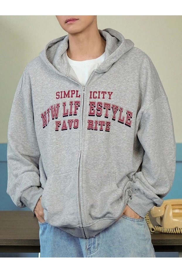 Unisex Gray New Life Style Printed Zippered Sweatshirt Printed Premium Oversize T-Shirt