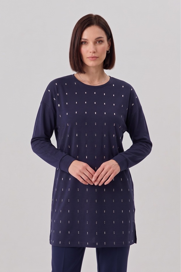 Women's Plus Size Crew Neck Off Shoulder Baguette Stone Long Sleeve Mom Skuba Tunic