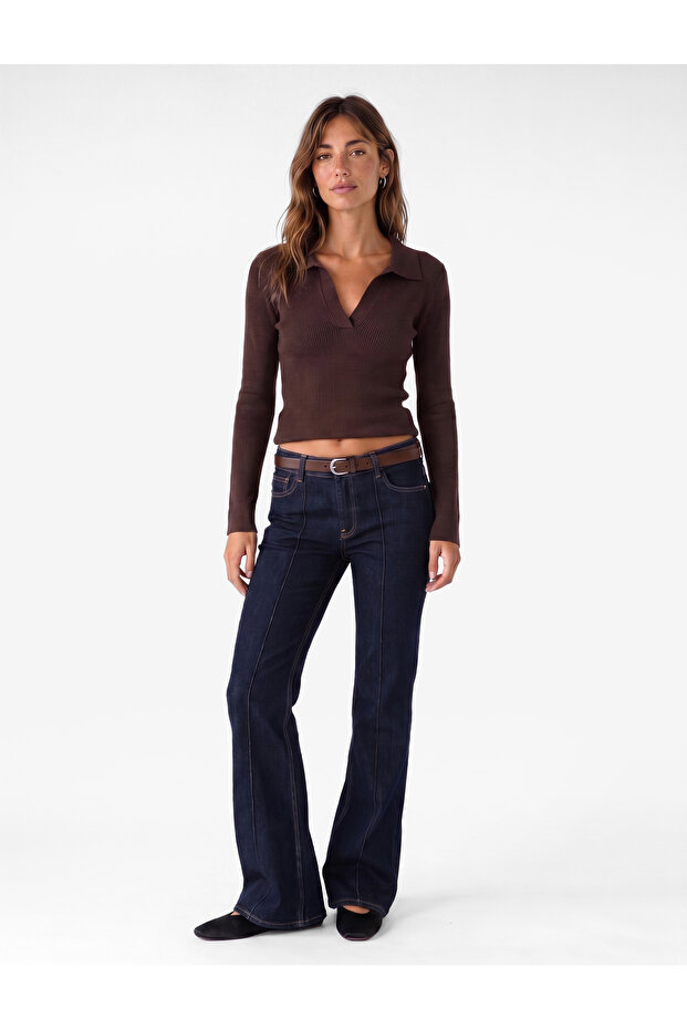 Viscose Polo V-Neck Long Sleeve Knit Sweater