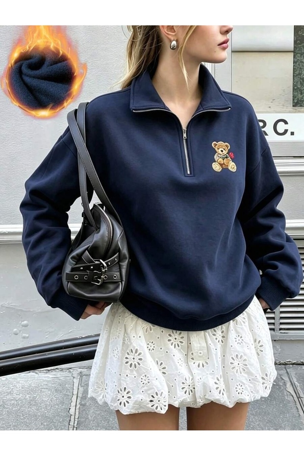 Unisex Navy Blue Teddy Bear Printed Half Zipper Stand Collar Sweathirt Printed Premium Oversize T-Shirt