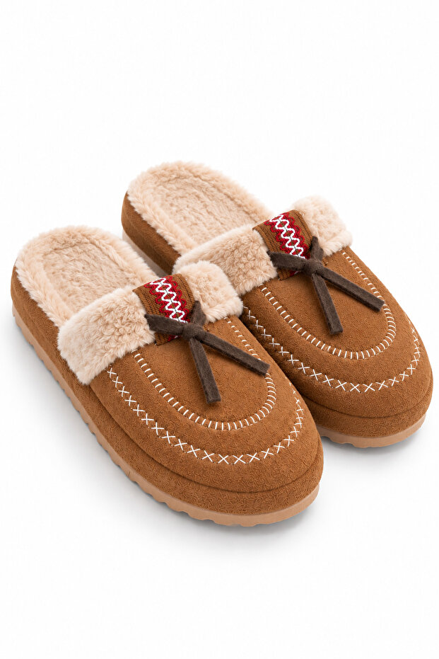Women's Fur Embroidery Detailed Bowknot Thick Sole Winter House Slippers
