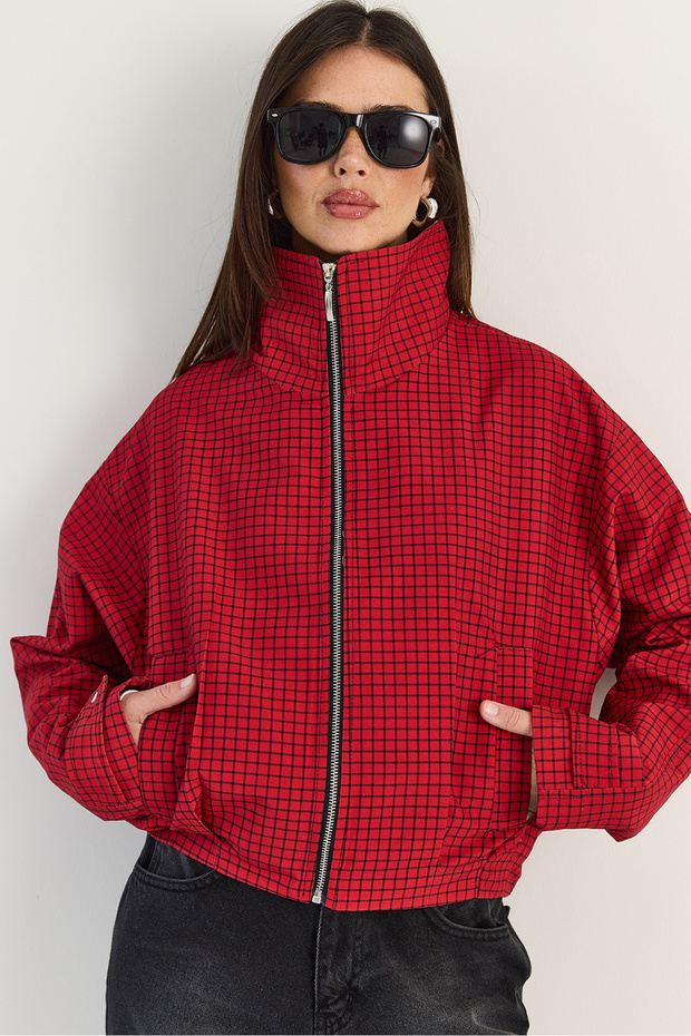 Women's Red Micro Plaid Stand Collar Lined Pocket Zipper Bomber Jacket 2335 60286528