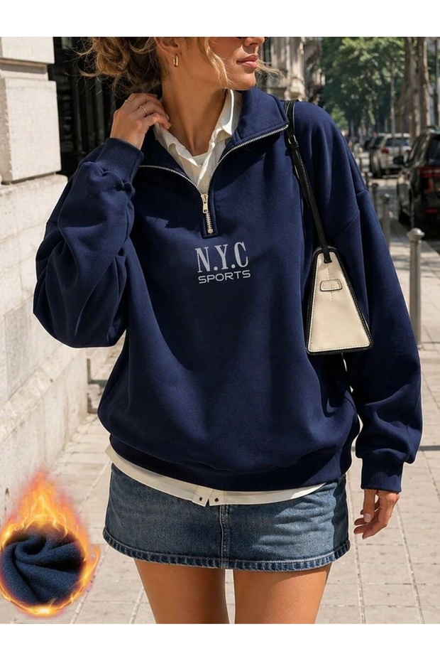 Unisex Navy Blue N.Y.C Sports Printed Half Zipper Stand Collar Sweathirt Printed Premium Oversize T-Shirt