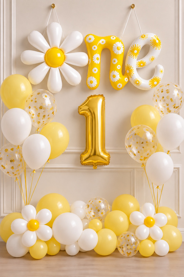 Plus 1 Year Old Birthday One Daisy Gold Number Balloon Set – Yellow White Transparent Confetti”