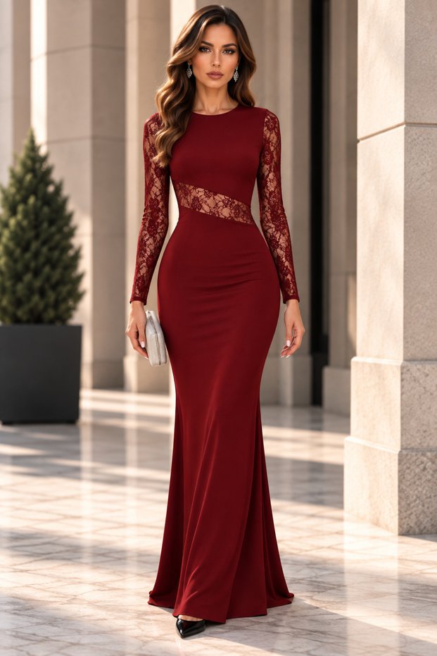 Women's Long Sleeve Crew Neck Lace Detailed Long Crepe Evening Dress, Special Occasion, Wedding Guest Dress
