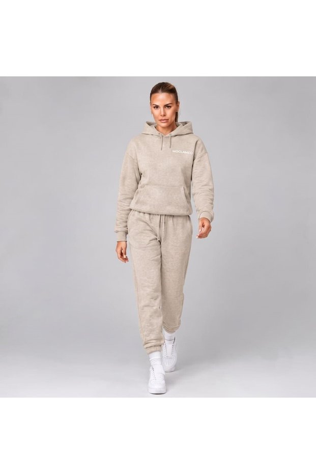 Beige Melange Hooded Kangaroo Pocket Tracksuit Set with Elastic Cuffs Jogger Relaxed Fit Casual Sportswear